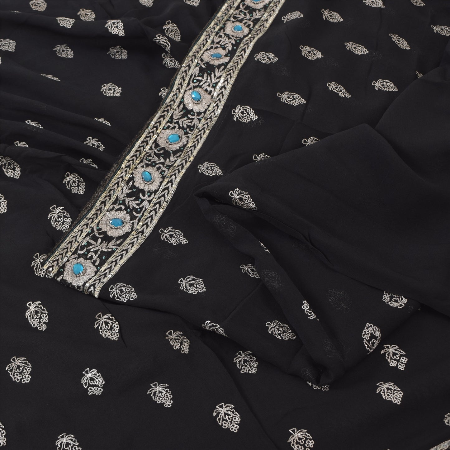 Sanskriti Vintage Black Sarees Pure Georgette Hand Beaded Ethnic Sari 5yd Fabric