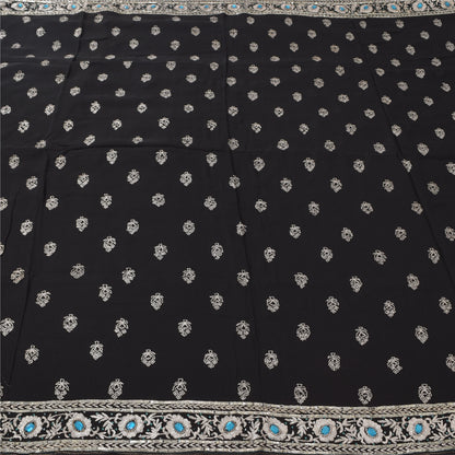 Sanskriti Vintage Black Sarees Pure Georgette Hand Beaded Ethnic Sari 5yd Fabric