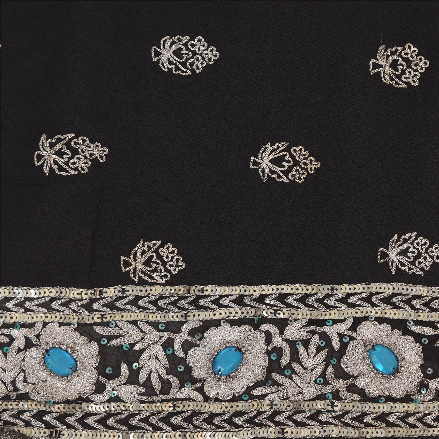 Sanskriti Vintage Black Sarees Pure Georgette Hand Beaded Ethnic Sari 5yd Fabric