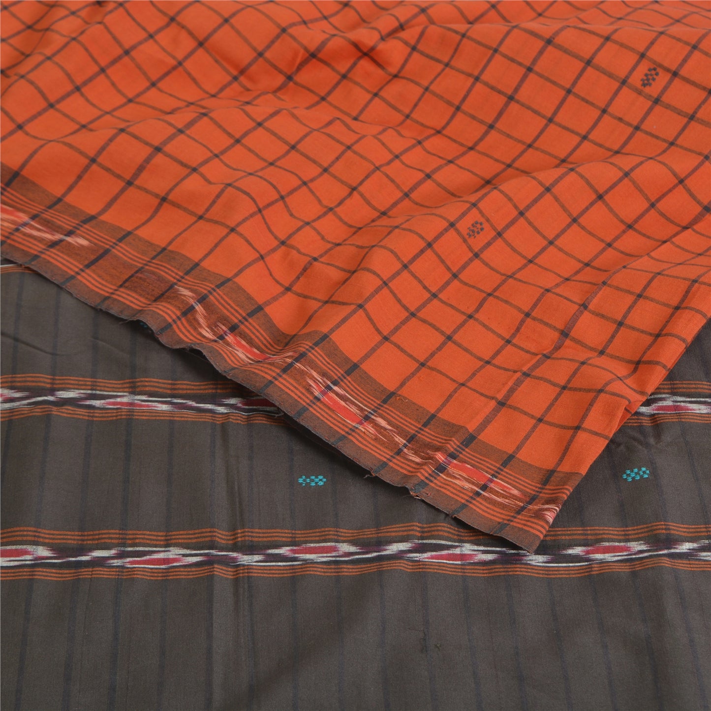 Sanskriti Vintage Rare Saree Ikat Handwoven Blend Cotton Orange Sari 5yd Fabric