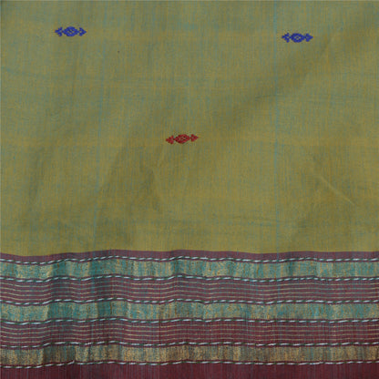 Sanskriti Vintage Saree Green/Red Odisha Hand Woven Ikat Pure Cotton Sari Fabric