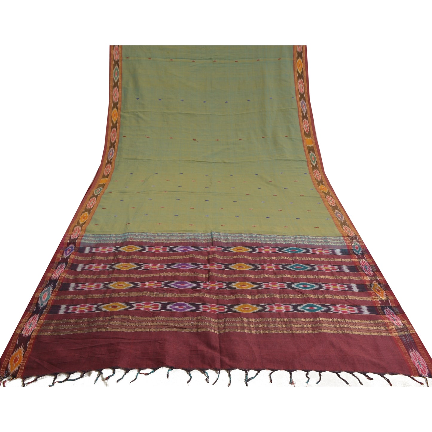 Sanskriti Vintage Saree Green/Red Odisha Hand Woven Ikat Pure Cotton Sari Fabric