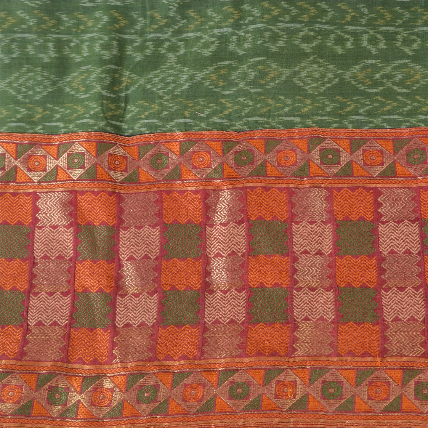 Sanskriti Vintage Saree Green HandWoven Ikat/Patch Pure Cotton Sari Craft Fabric