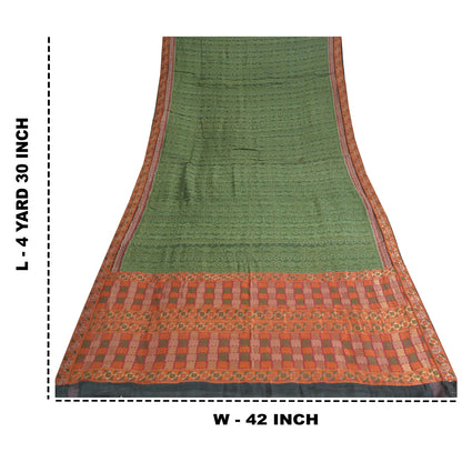 Sanskriti Vintage Saree Green HandWoven Ikat/Patch Pure Cotton Sari Craft Fabric