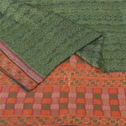 Sanskriti Vintage Saree Green HandWoven Ikat/Patch Pure Cotton Sari Craft Fabric