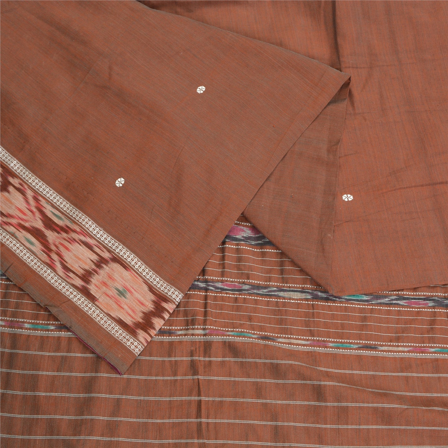 Sanskriti Vintage Saree Brown Odisha Hand Woven Ikat Blend Silk Sari 5yd Fabric