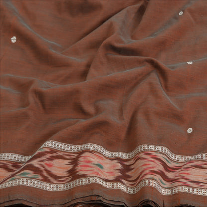 Sanskriti Vintage Saree Brown Odisha Hand Woven Ikat Blend Silk Sari 5yd Fabric