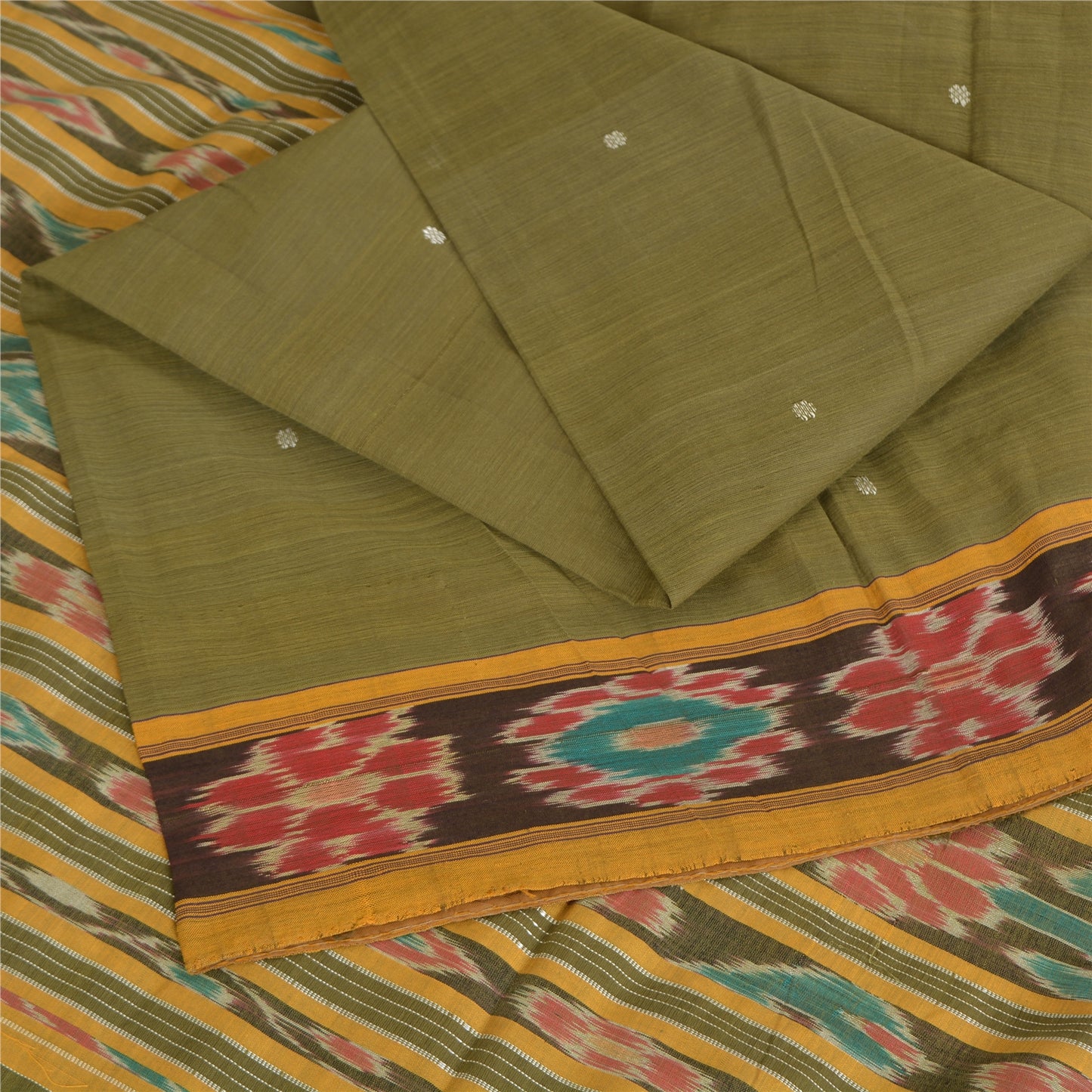 Sanskriti Vintage Saree Green Odisha Hand Woven Ikat Pure Cotton Sari 5yd Fabric