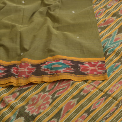 Sanskriti Vintage Saree Green Odisha Hand Woven Ikat Pure Cotton Sari 5yd Fabric