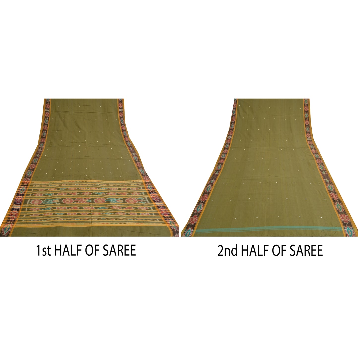 Sanskriti Vintage Saree Green Odisha Hand Woven Ikat Pure Cotton Sari 5yd Fabric