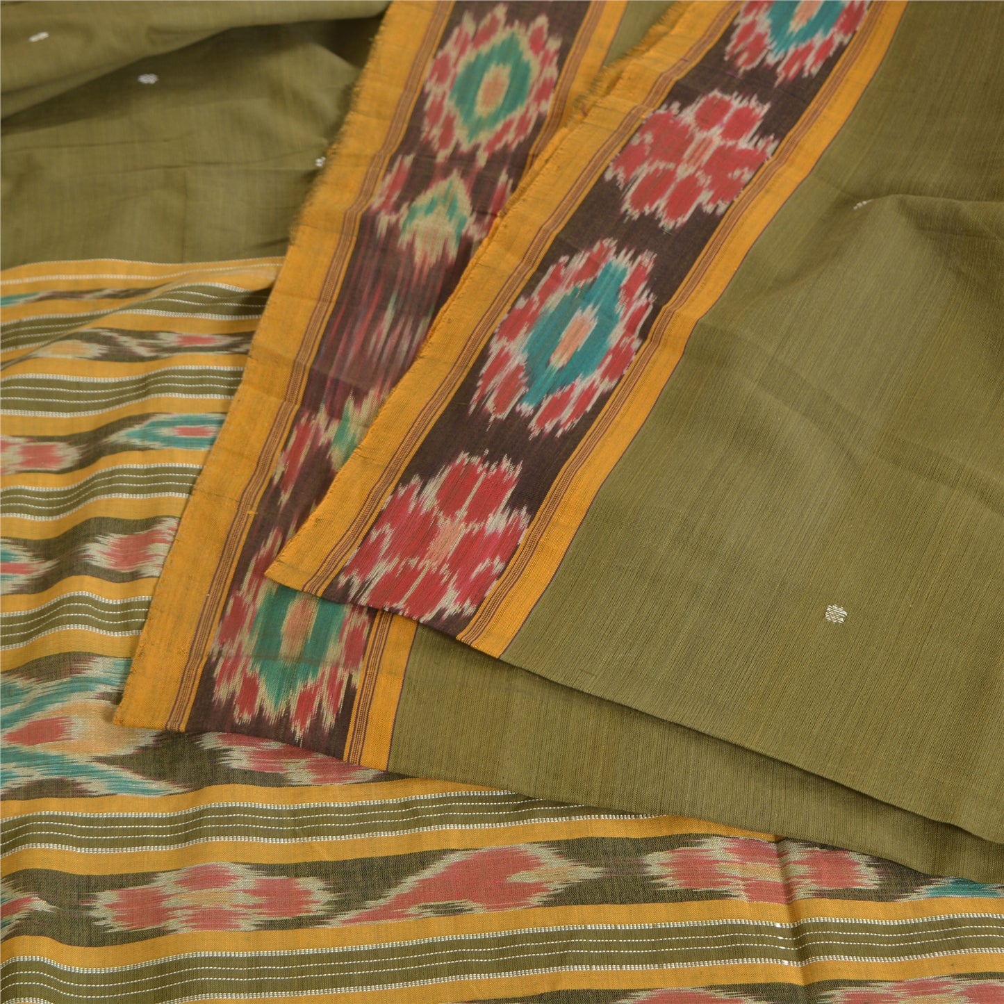 Sanskriti Vintage Saree Green Odisha Hand Woven Ikat Pure Cotton Sari 5yd Fabric