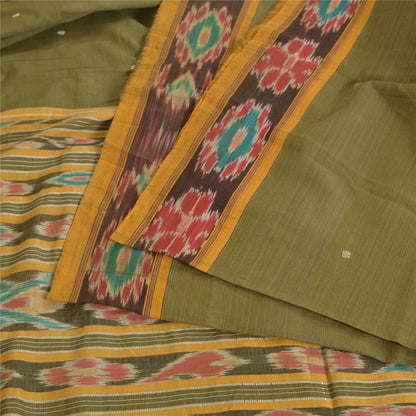 Sanskriti Vintage Saree Green Odisha Hand Woven Ikat Pure Cotton Sari 5yd Fabric