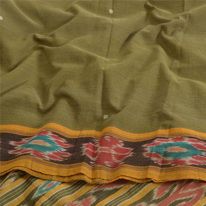 Sanskriti Vintage Saree Green Odisha Hand Woven Ikat Pure Cotton Sari 5yd Fabric