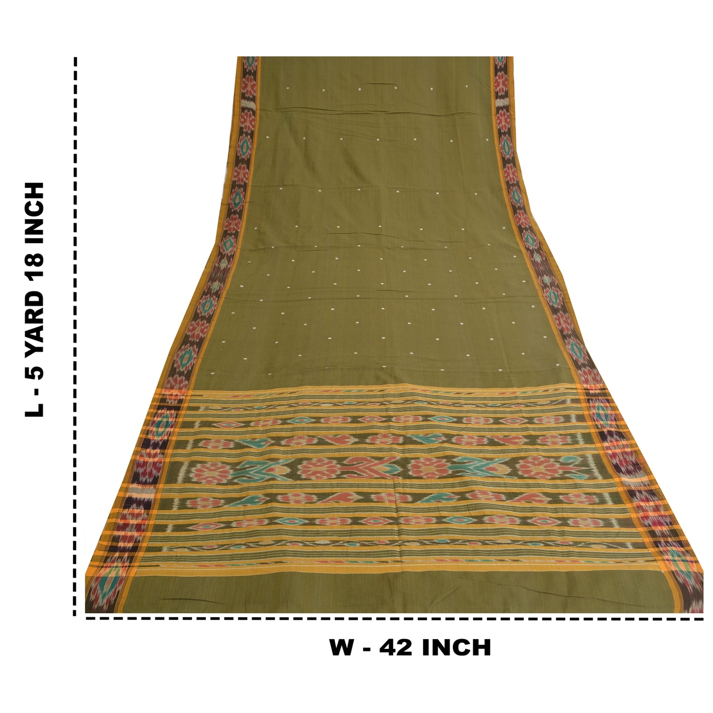 Sanskriti Vintage Saree Green Odisha Hand Woven Ikat Pure Cotton Sari 5yd Fabric