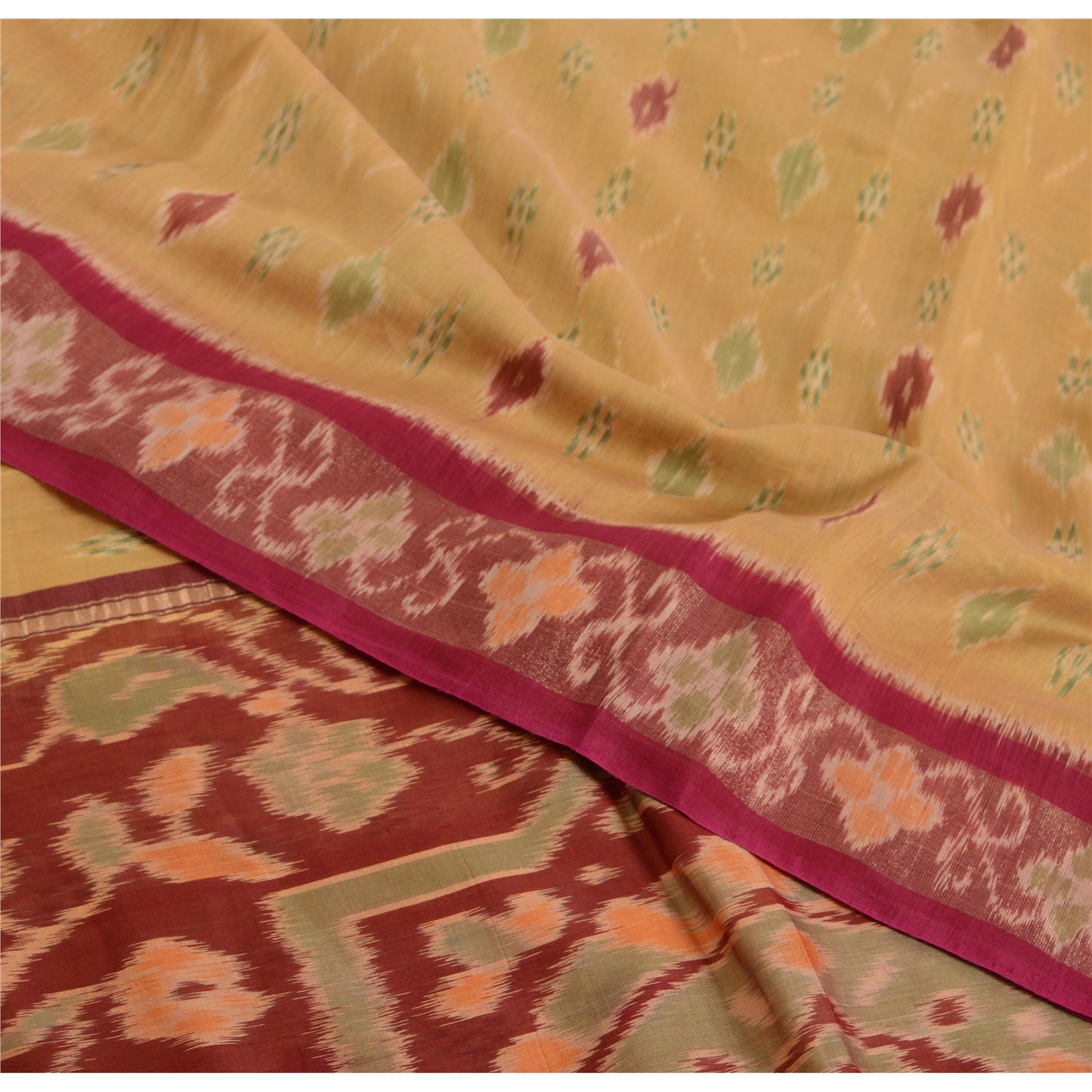 Sanskriti Vintage Saree Yellow/Red Odisha HandWoven Ikat Pure Cotton Sari Fabric