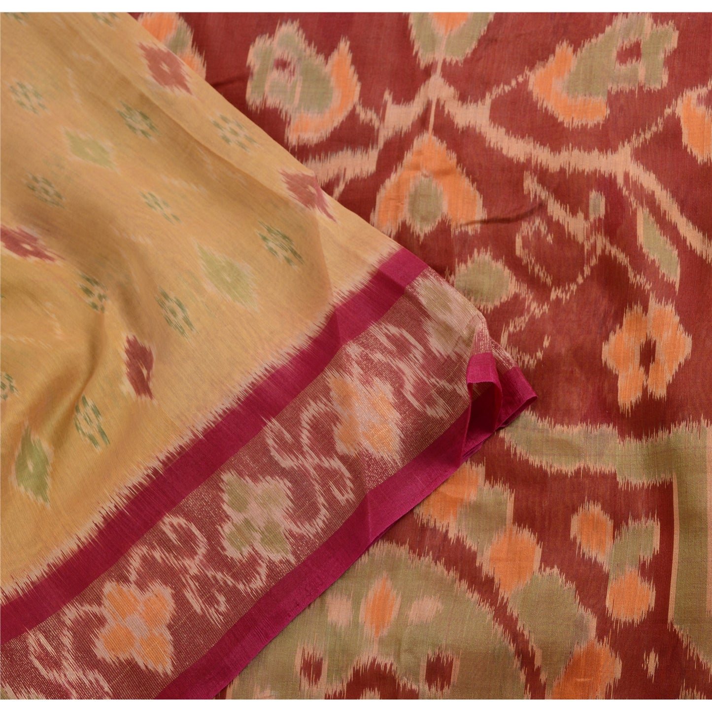 Sanskriti Vintage Saree Yellow/Red Odisha HandWoven Ikat Pure Cotton Sari Fabric