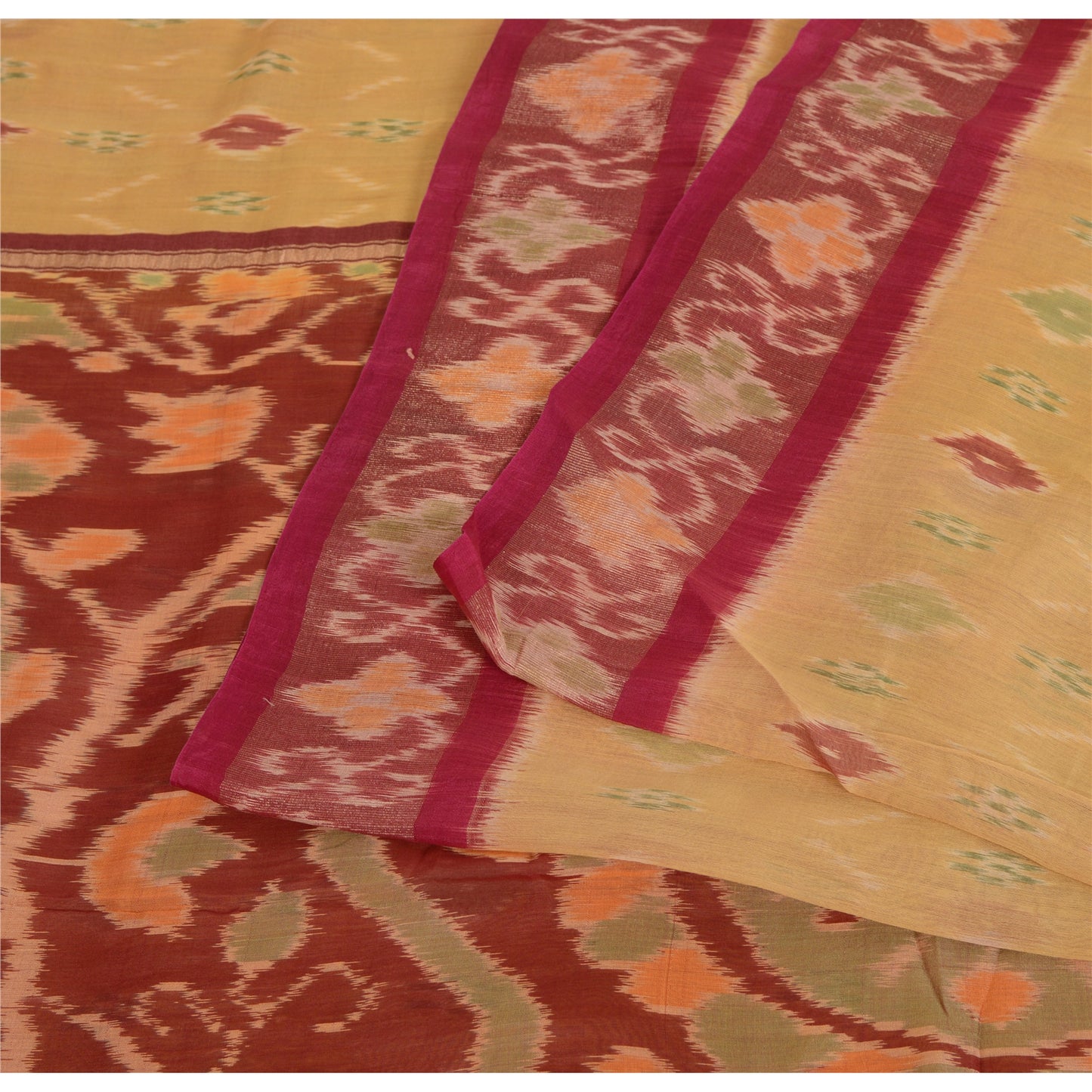 Sanskriti Vintage Saree Yellow/Red Odisha HandWoven Ikat Pure Cotton Sari Fabric