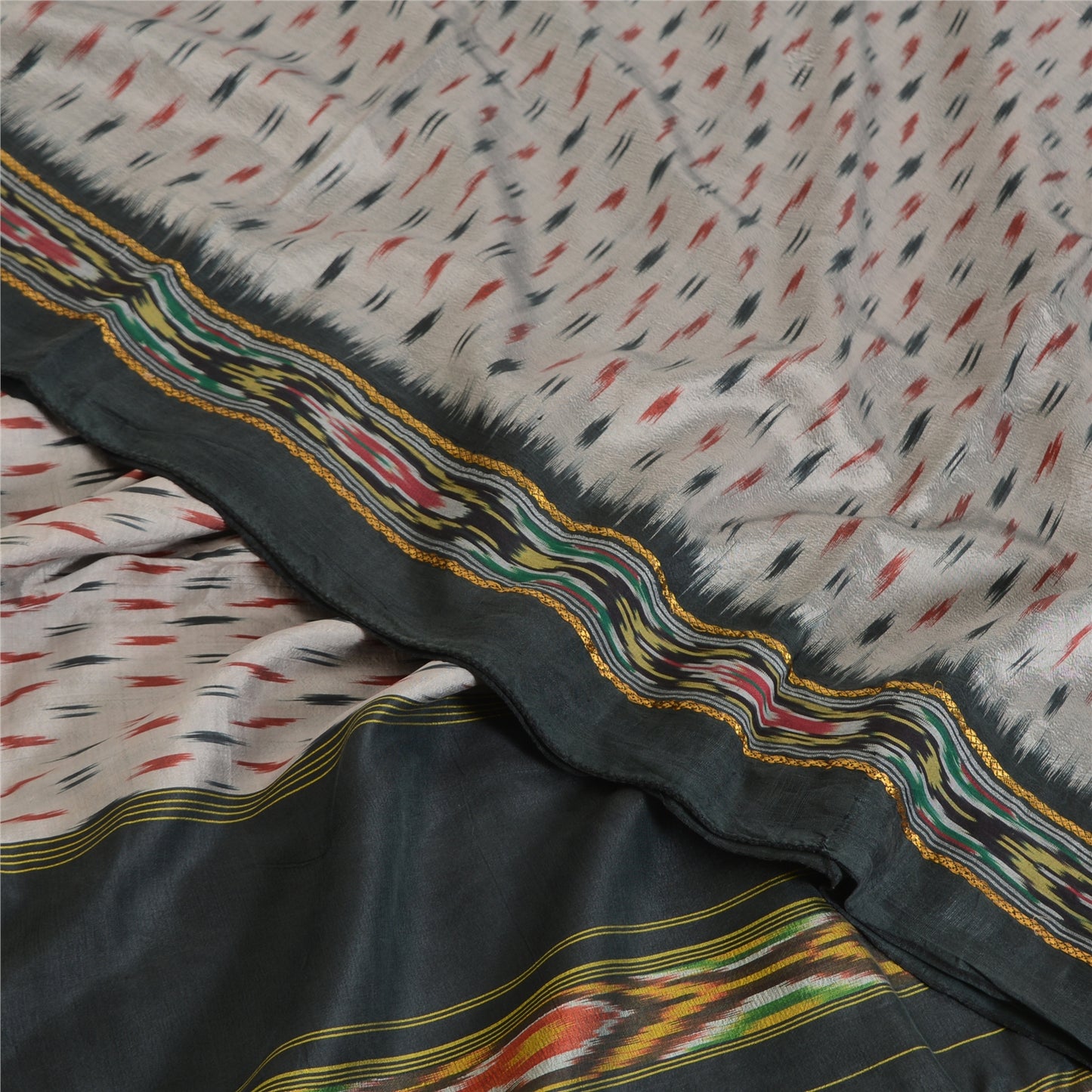 Sanskriti Vintage Saree Gray Pochampally Hand Woven Ikat Pure Silk Sari Fabric