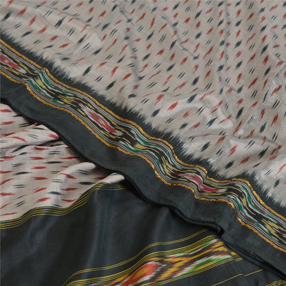 Sanskriti Vintage Saree Gray Pochampally Hand Woven Ikat Pure Silk Sari Fabric