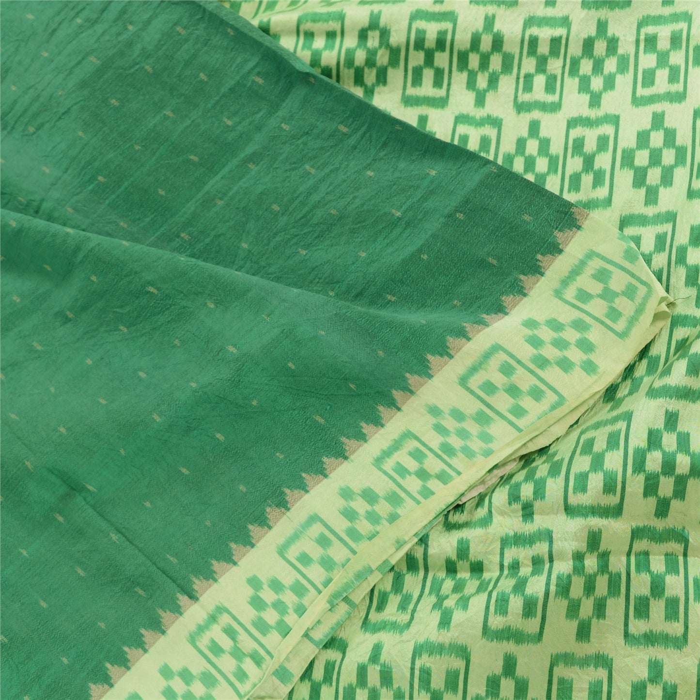 Sanskriti Vintage Saree Green Sambhalpuri Hand Woven Ikat Pure Silk Sari Fabric