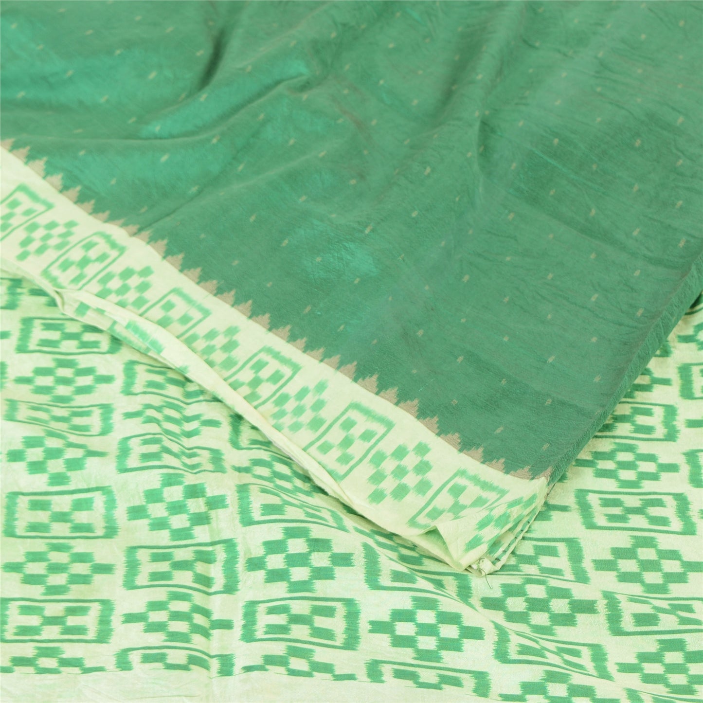 Sanskriti Vintage Saree Green Sambhalpuri Hand Woven Ikat Pure Silk Sari Fabric