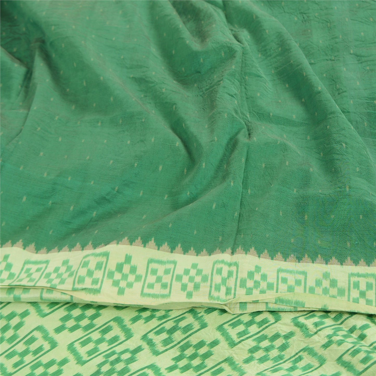 Sanskriti Vintage Saree Green Sambhalpuri Hand Woven Ikat Pure Silk Sari Fabric