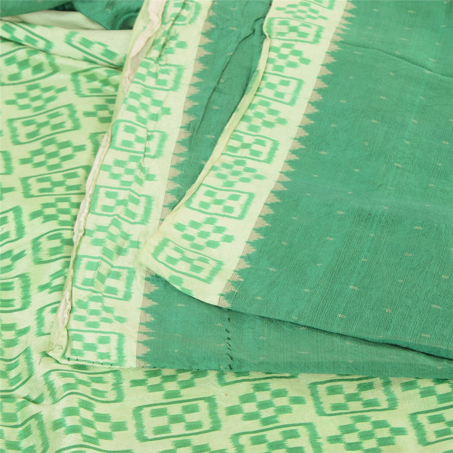 Sanskriti Vintage Saree Green Sambhalpuri Hand Woven Ikat Pure Silk Sari Fabric