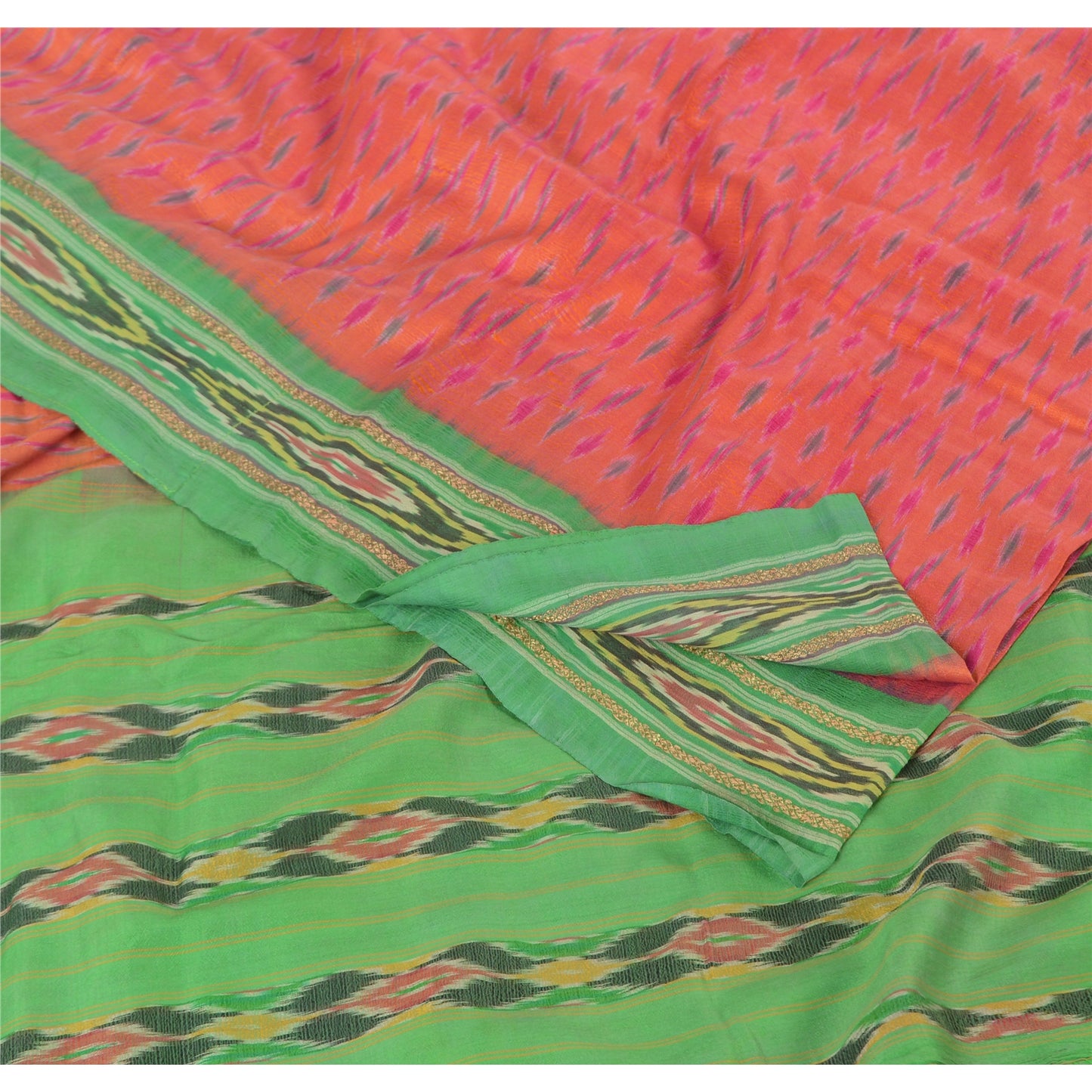 Sanskriti Vintage Saree Pochampally Hand Woven Ikat Pure Silk Sari 5yd Fabric