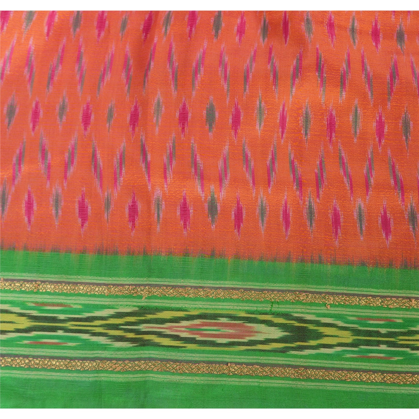 Sanskriti Vintage Saree Pochampally Hand Woven Ikat Pure Silk Sari 5yd Fabric