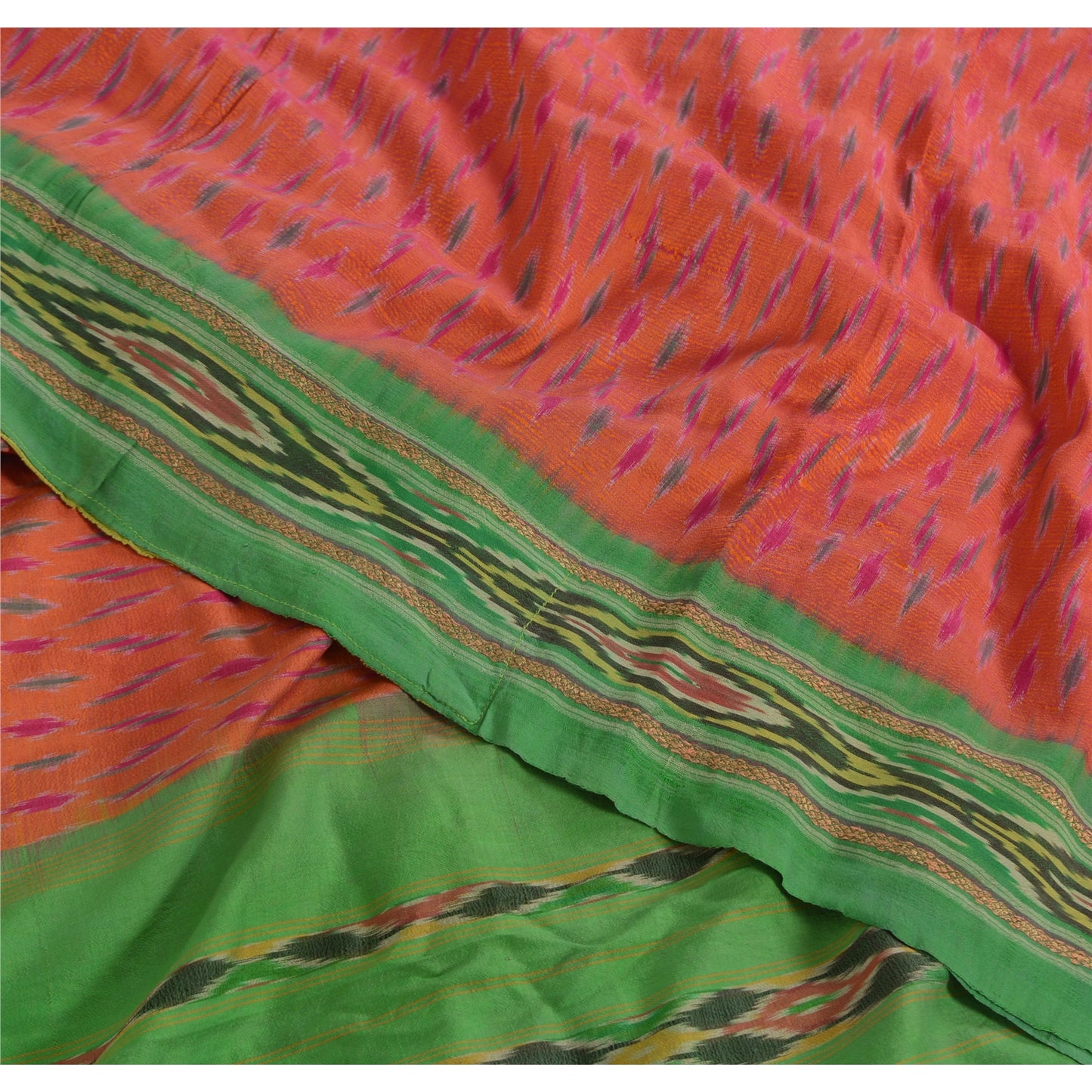 Sanskriti Vintage Saree Pochampally Hand Woven Ikat Pure Silk Sari 5yd Fabric