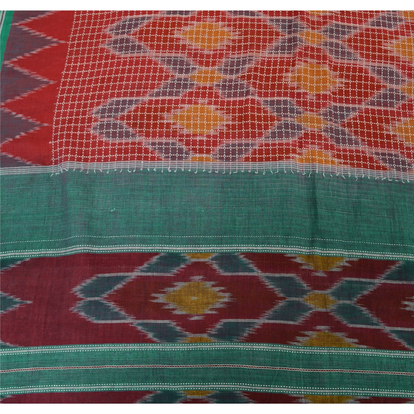 Sanskriti Vintage Saree Red Odisha Hand Woven Ikat Pure Cotton Sari 5yd Fabric