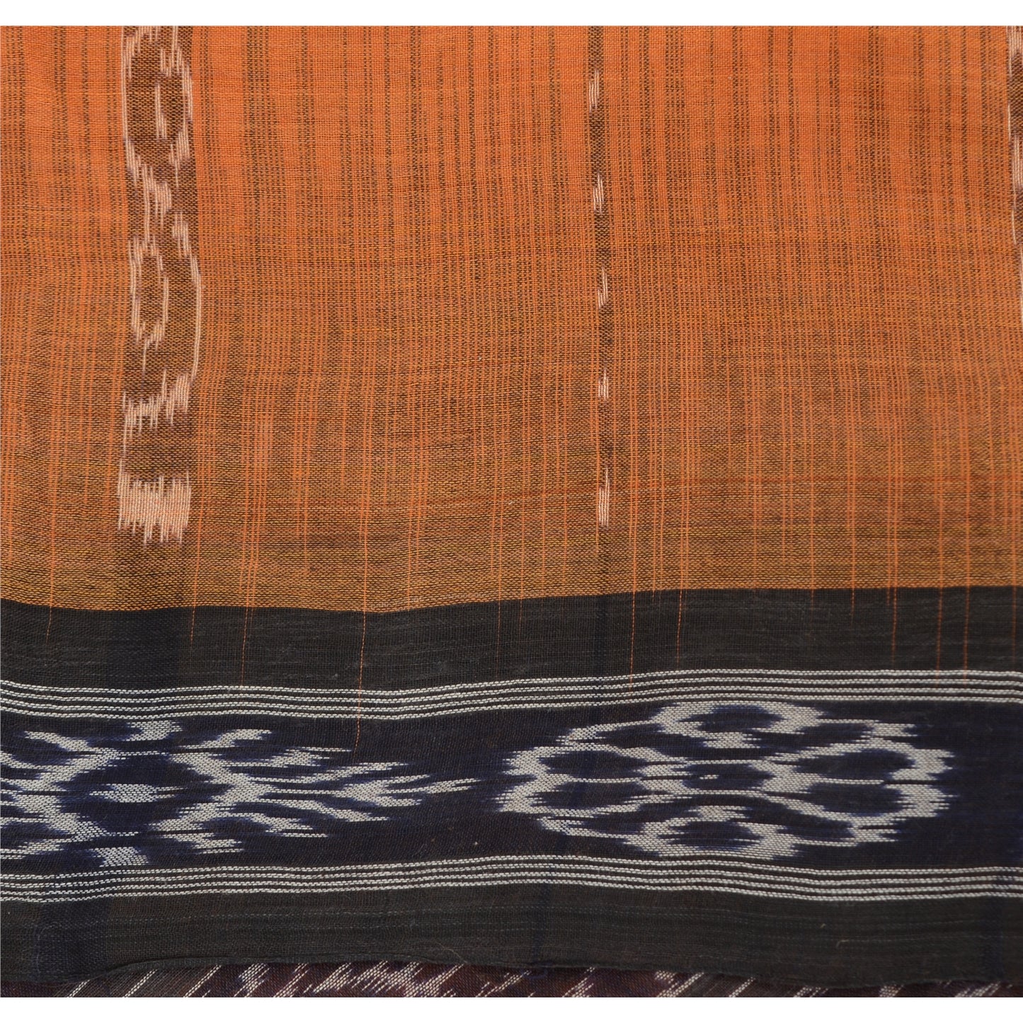 Sanskriti Vintage Saree Orange Odisha Hand Woven Ikat Pure Cotton Sari Fabric