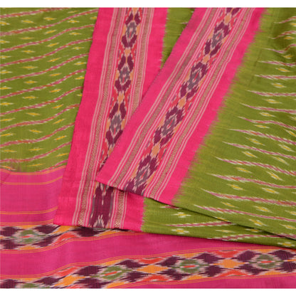 Sanskriti Vintage Sarees Green Pochampally Hand Woven Ikat Pure Silk Sari Fabric