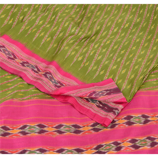 Sanskriti Vintage Sarees Green Pochampally Hand Woven Ikat Pure Silk Sari Fabric