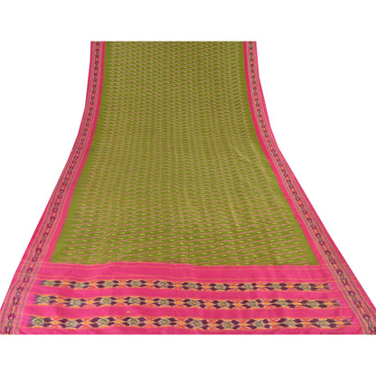 Sanskriti Vintage Sarees Green Pochampally Hand Woven Ikat Pure Silk Sari Fabric