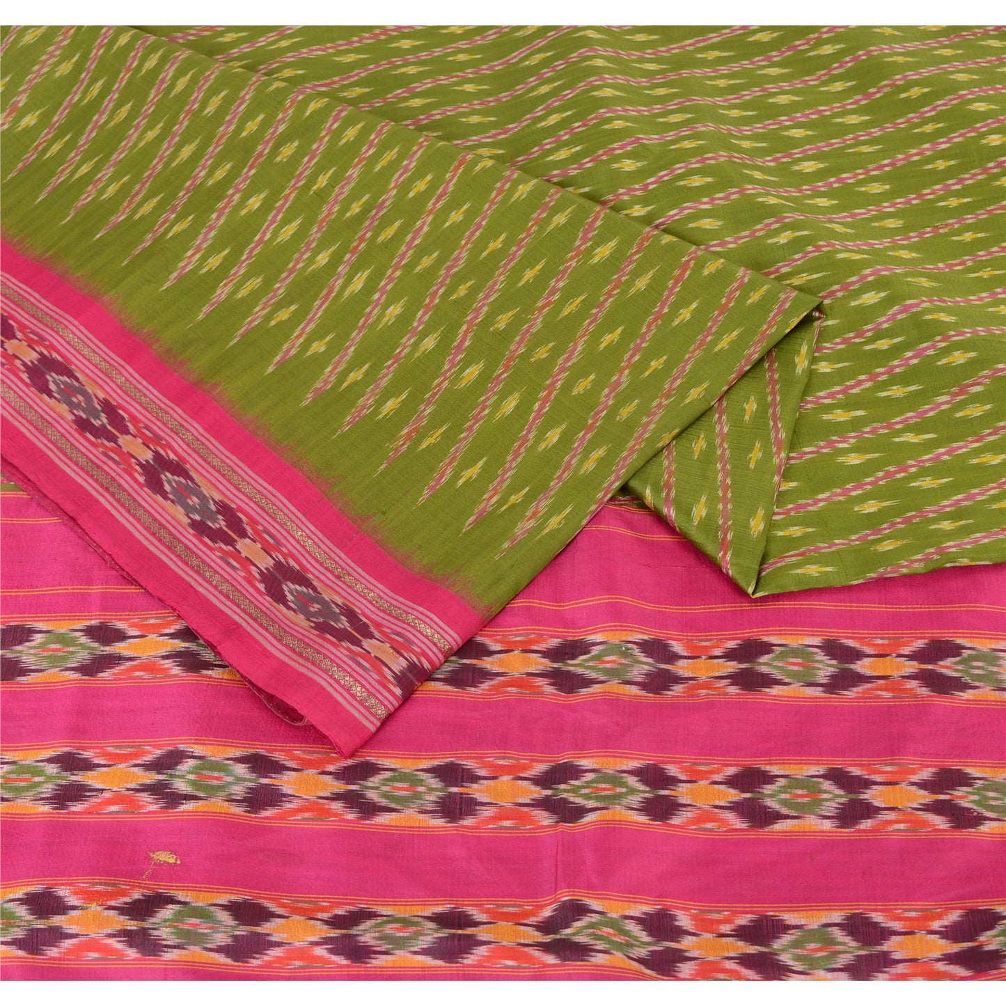 Sanskriti Vintage Sarees Green Pochampally Hand Woven Ikat Pure Silk Sari Fabric