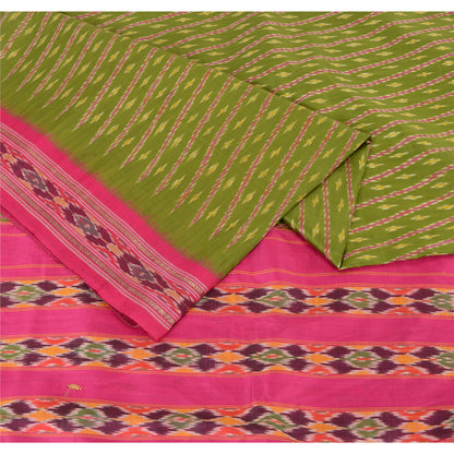 Sanskriti Vintage Sarees Green Pochampally Hand Woven Ikat Pure Silk Sari Fabric