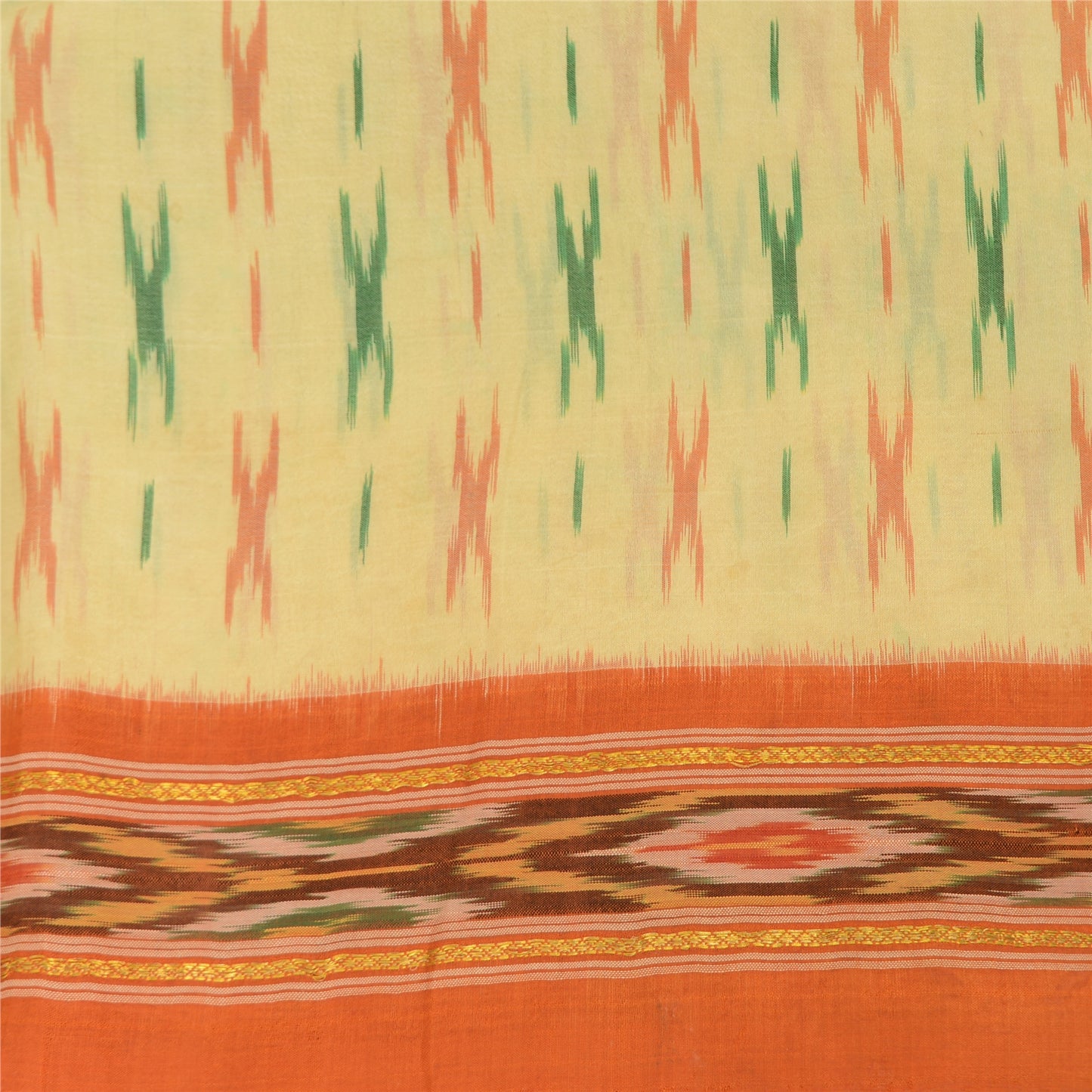 Sanskriti Vintage Sarees Cream Pochampally Hand Woven Ikat Pure Silk Sari Fabric