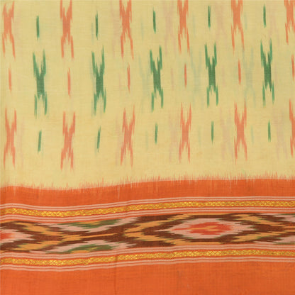 Sanskriti Vintage Sarees Cream Pochampally Hand Woven Ikat Pure Silk Sari Fabric