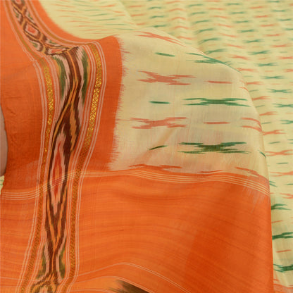 Sanskriti Vintage Sarees Cream Pochampally Hand Woven Ikat Pure Silk Sari Fabric