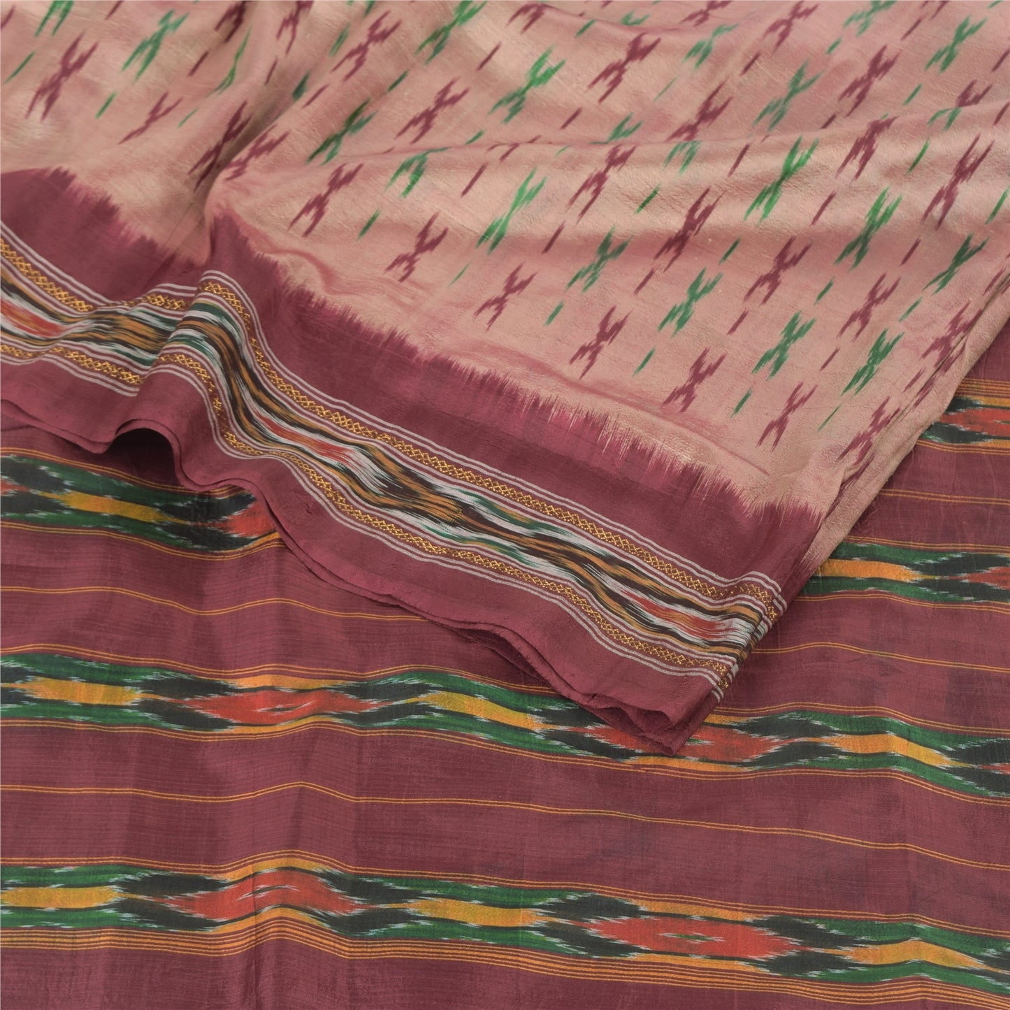 Sanskriti Vintage Sarees Pink Pochampally Hand Woven Ikat Pure Silk Sari Fabric