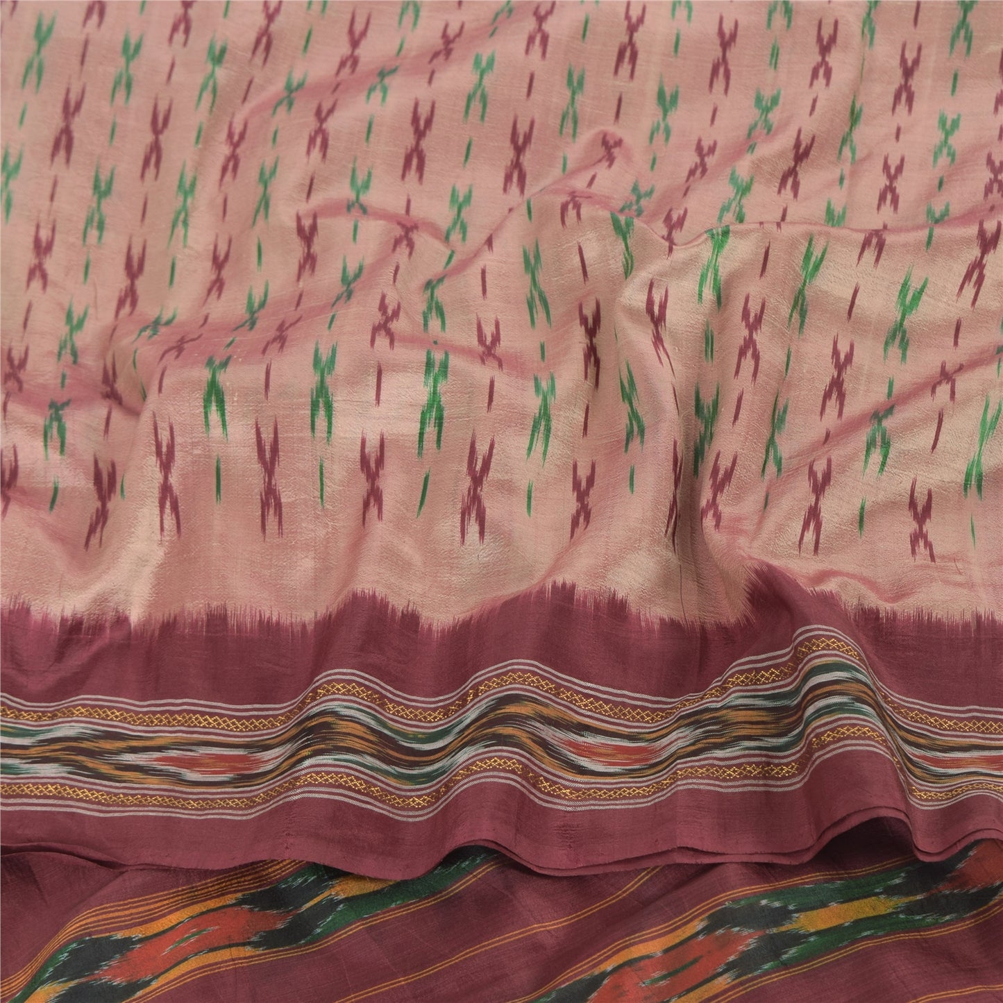 Sanskriti Vintage Sarees Pink Pochampally Hand Woven Ikat Pure Silk Sari Fabric