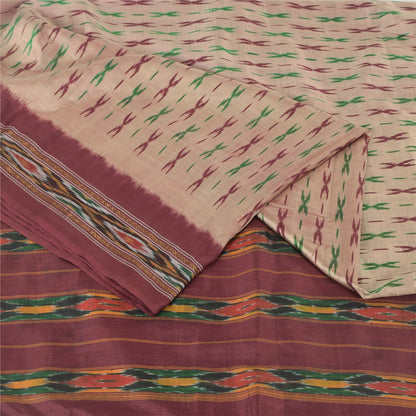 Sanskriti Vintage Sarees Pink Pochampally Hand Woven Ikat Pure Silk Sari Fabric