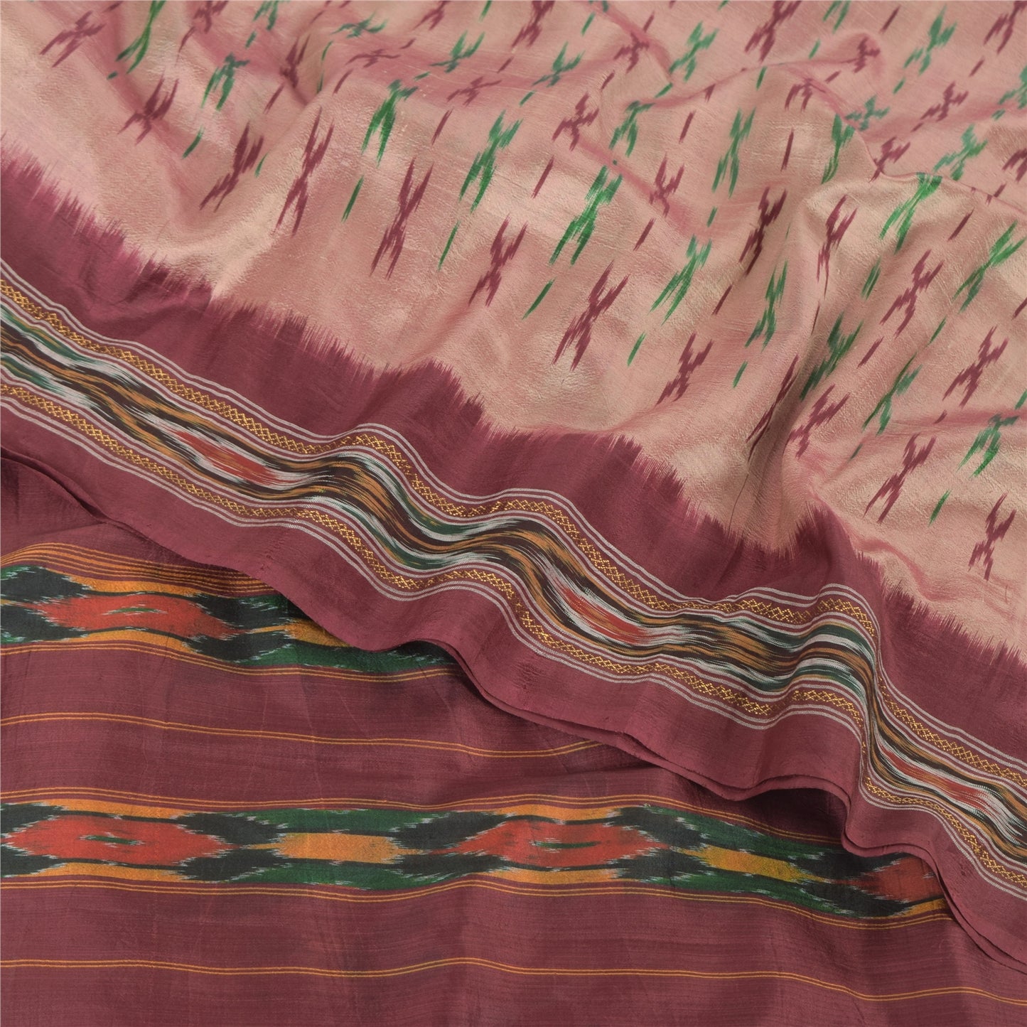 Sanskriti Vintage Sarees Pink Pochampally Hand Woven Ikat Pure Silk Sari Fabric