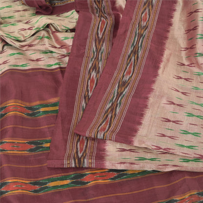 Sanskriti Vintage Sarees Pink Pochampally Hand Woven Ikat Pure Silk Sari Fabric