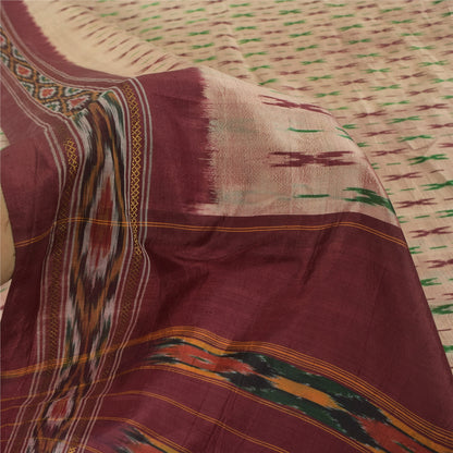 Sanskriti Vintage Sarees Pink Pochampally Hand Woven Ikat Pure Silk Sari Fabric