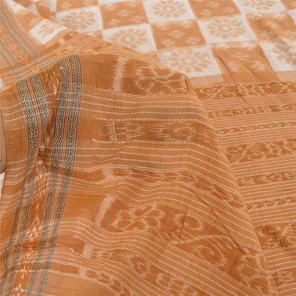 Sanskriti Vintage Saree Peach Odisha Hand Woven Ikat Pure Cotton Sari 5yd Fabric