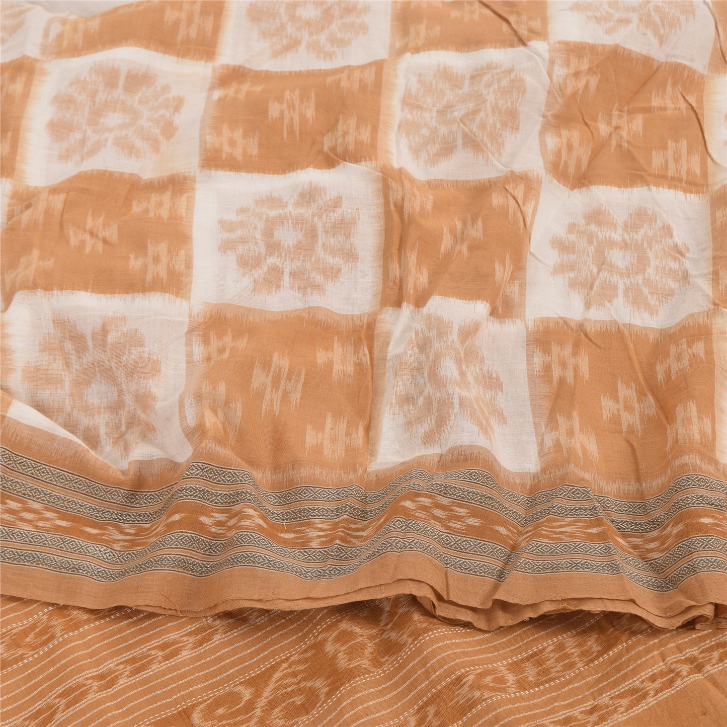 Sanskriti Vintage Saree Peach Odisha Hand Woven Ikat Pure Cotton Sari 5yd Fabric