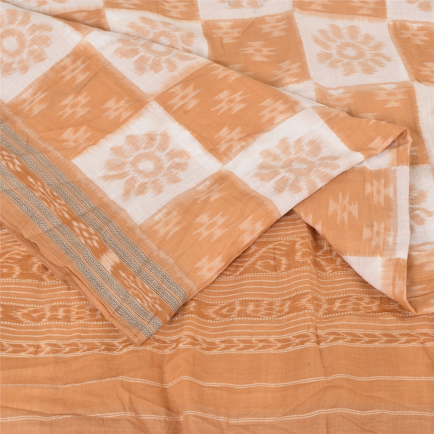 Sanskriti Vintage Saree Peach Odisha Hand Woven Ikat Pure Cotton Sari 5yd Fabric