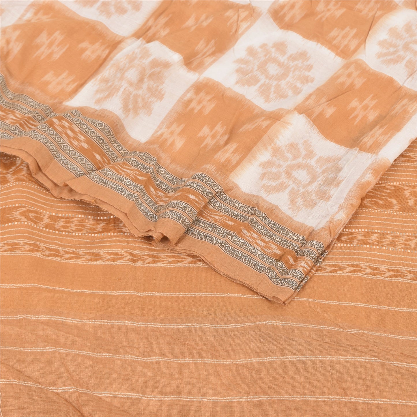 Sanskriti Vintage Saree Peach Odisha Hand Woven Ikat Pure Cotton Sari 5yd Fabric